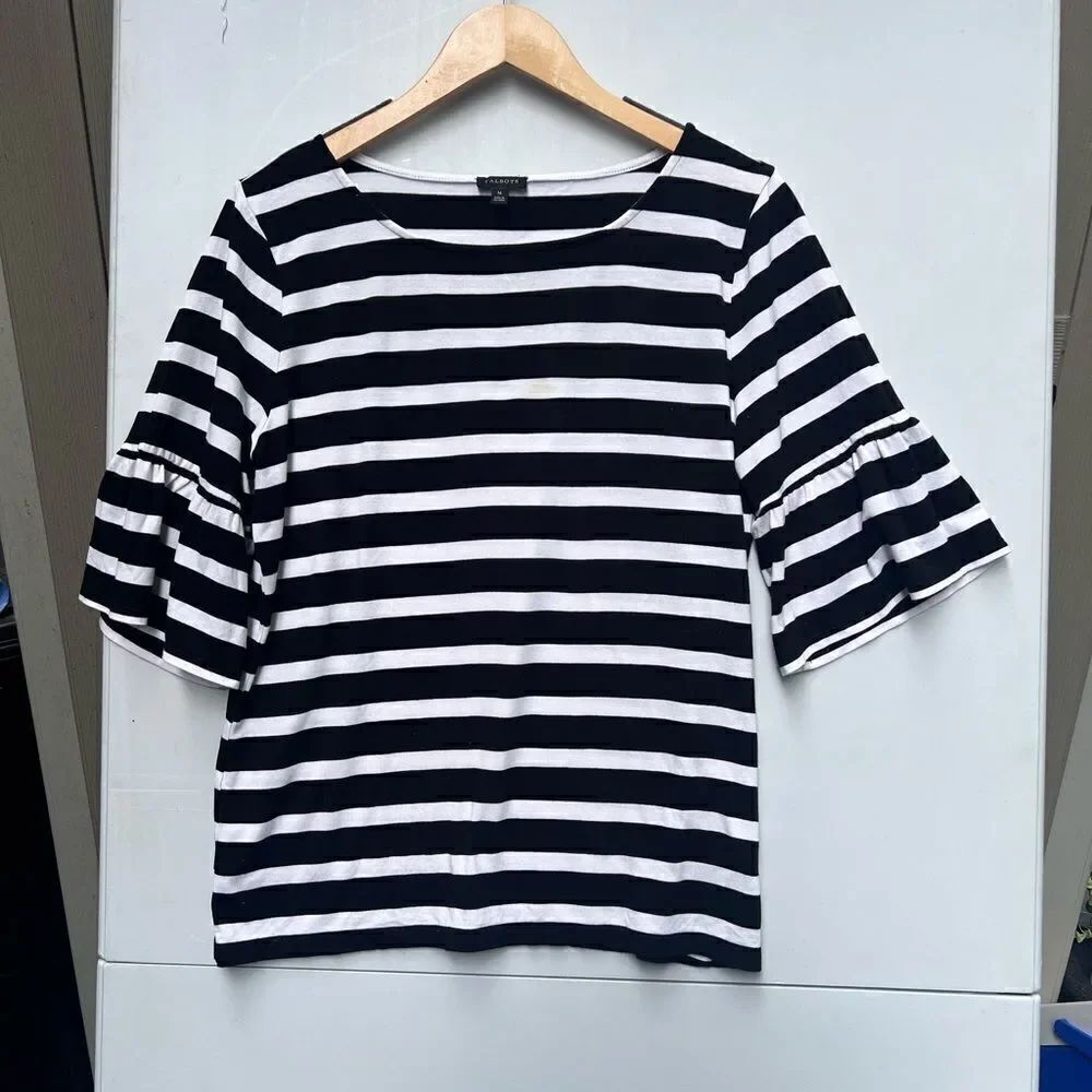 Talbots Womens Blouse Black White Striped 3/4 Sleeve Scoop Stretch Medium